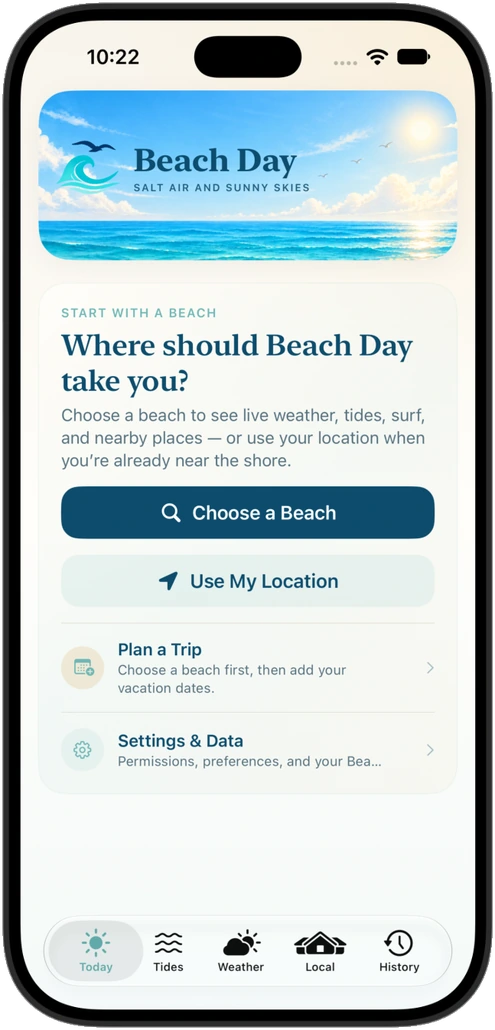 Actual Beach Day iOS app first-use screen showing its coastal illustration and beach search actions